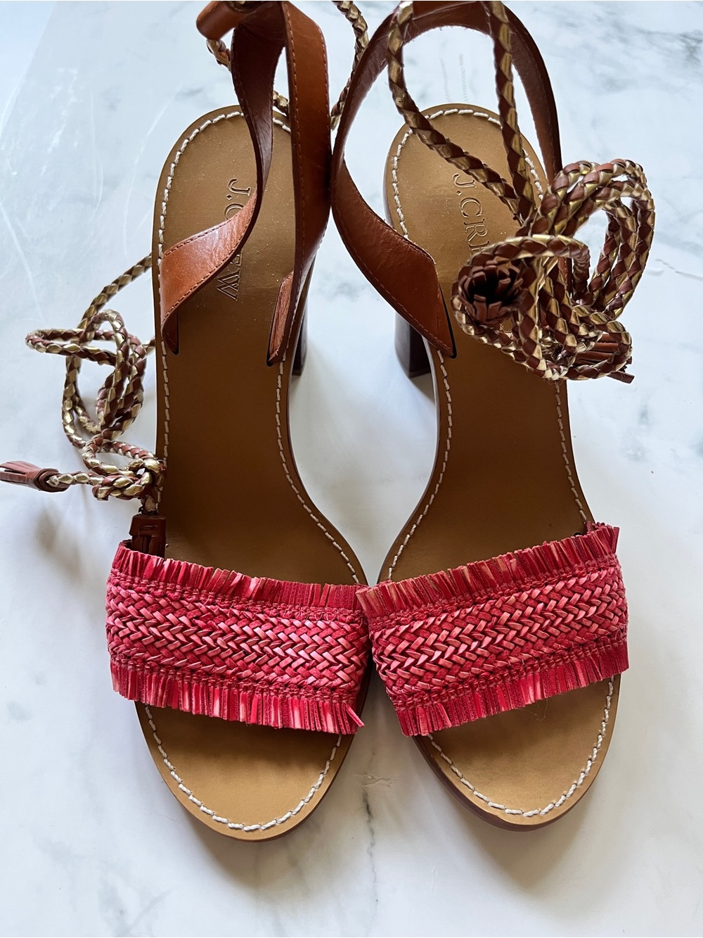 J. Crew Braided Pink Raffia Strap Sandals with Brown Leather Ankle Ties